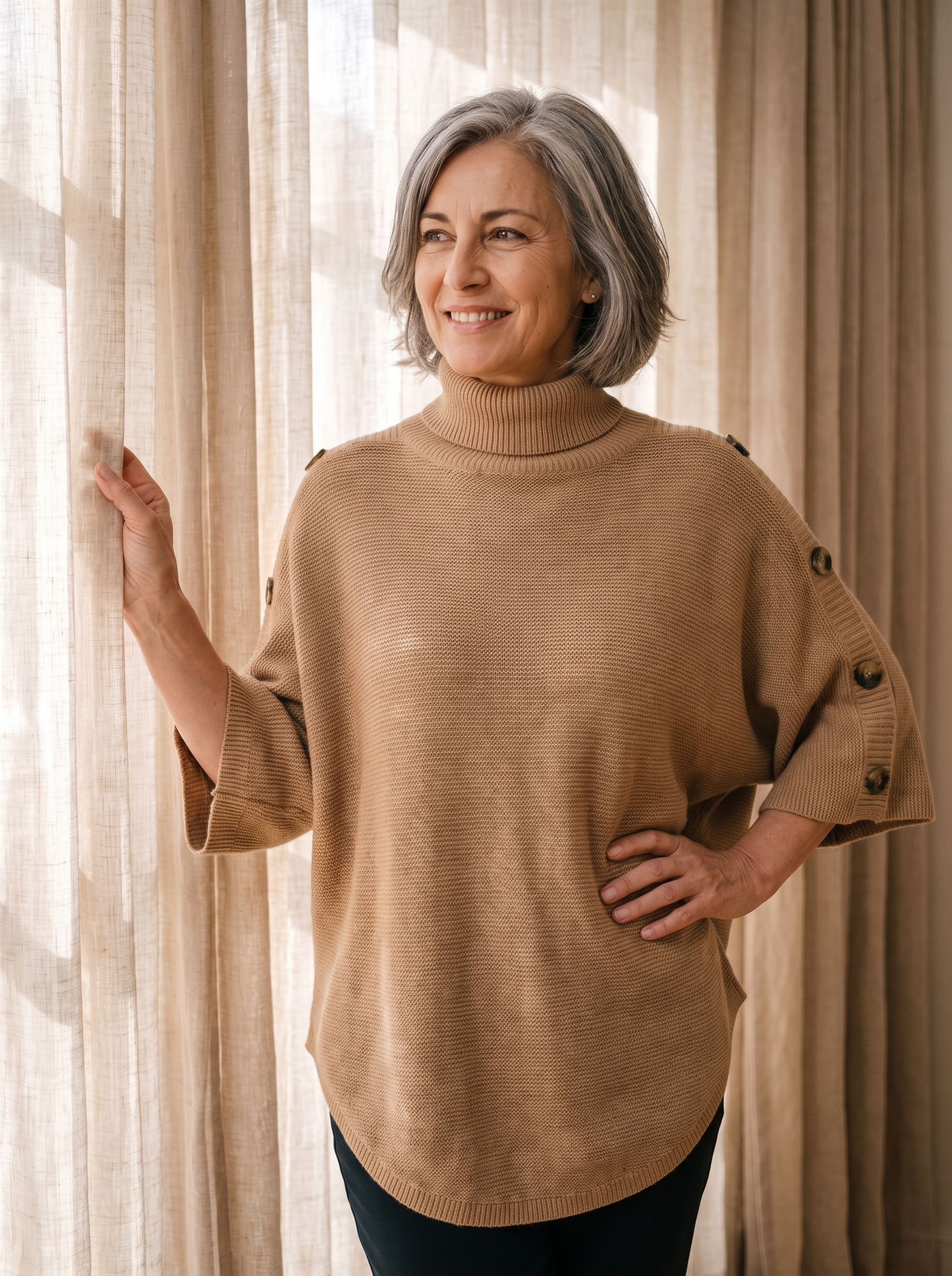 Strikket Poncho til Kvinder med Sideknapper