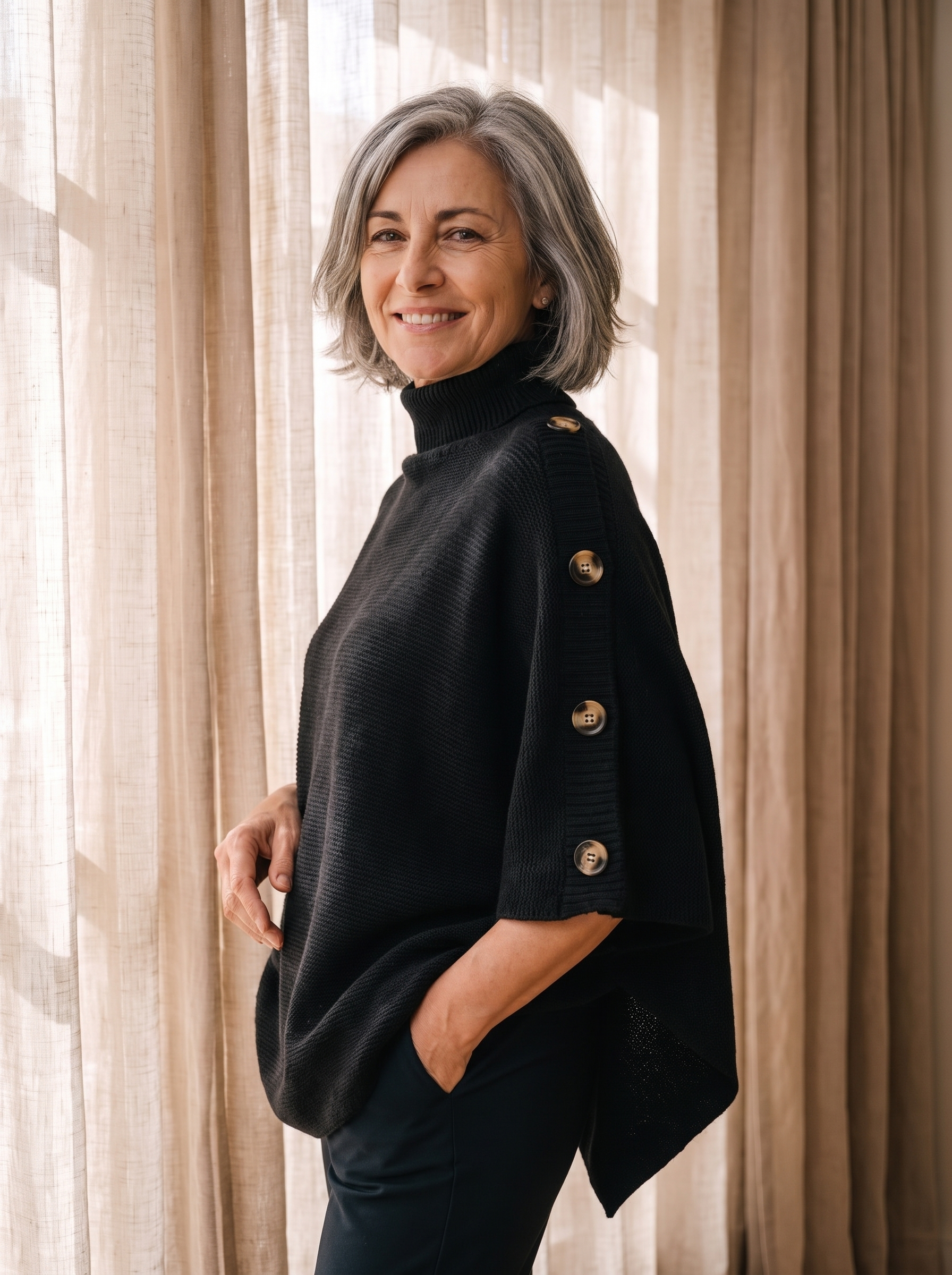 Strikket Poncho til Kvinder med Sideknapper