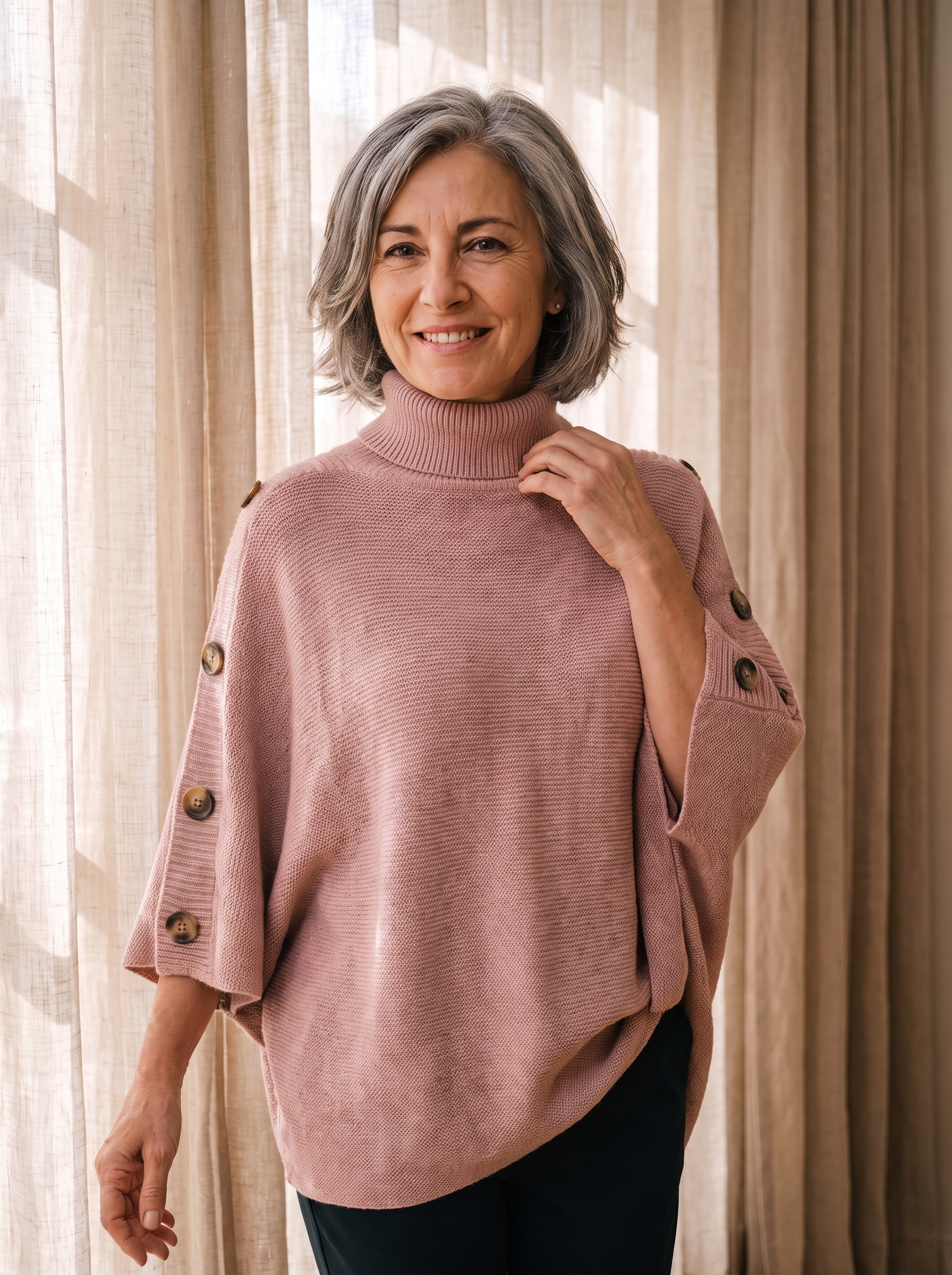 Strikket Poncho til Kvinder med Sideknapper