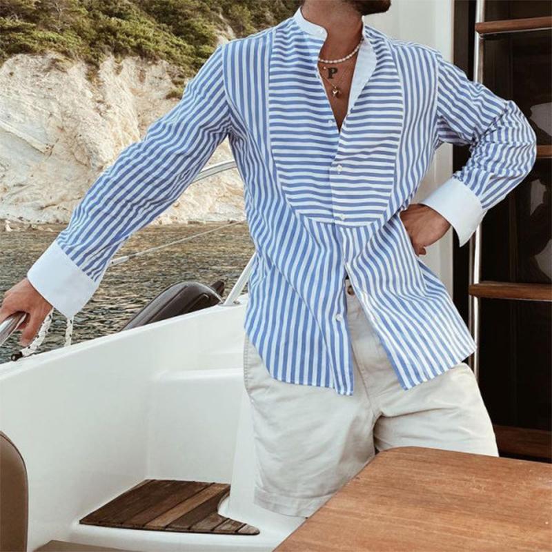 Camisa Masculina Larga de Manga Comprida às Riscas com Costura Irregular