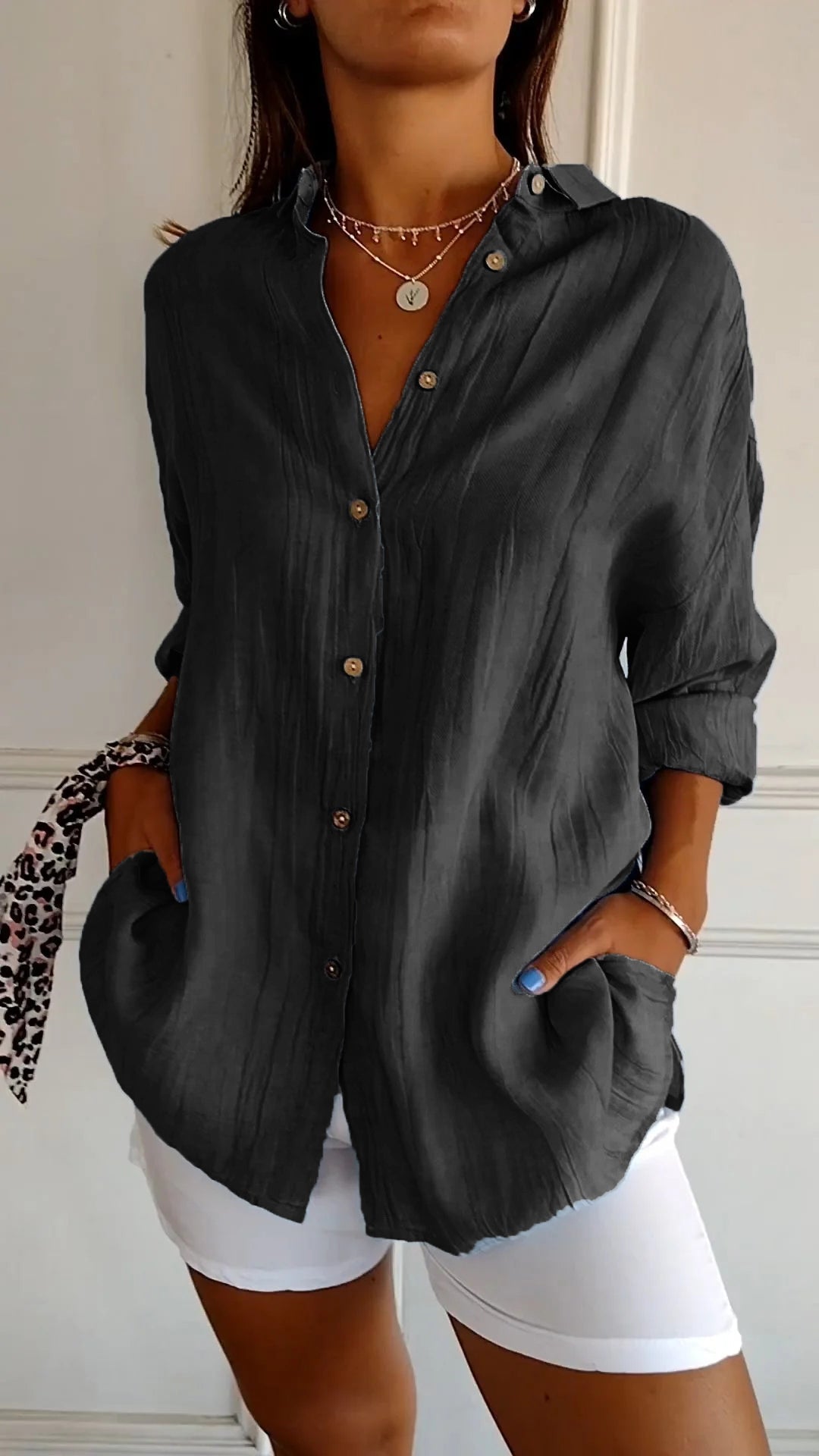 Losvallende Damesblouse met Lange Mouwen – Luchtige Casual Linnen Look Overhemd voor Dagelijks Gebruik