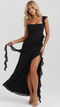Robe longue à volants avec fente haute – Robe de soirée sans manches à encolure carrée pour invité de mariage et fêtes formelles