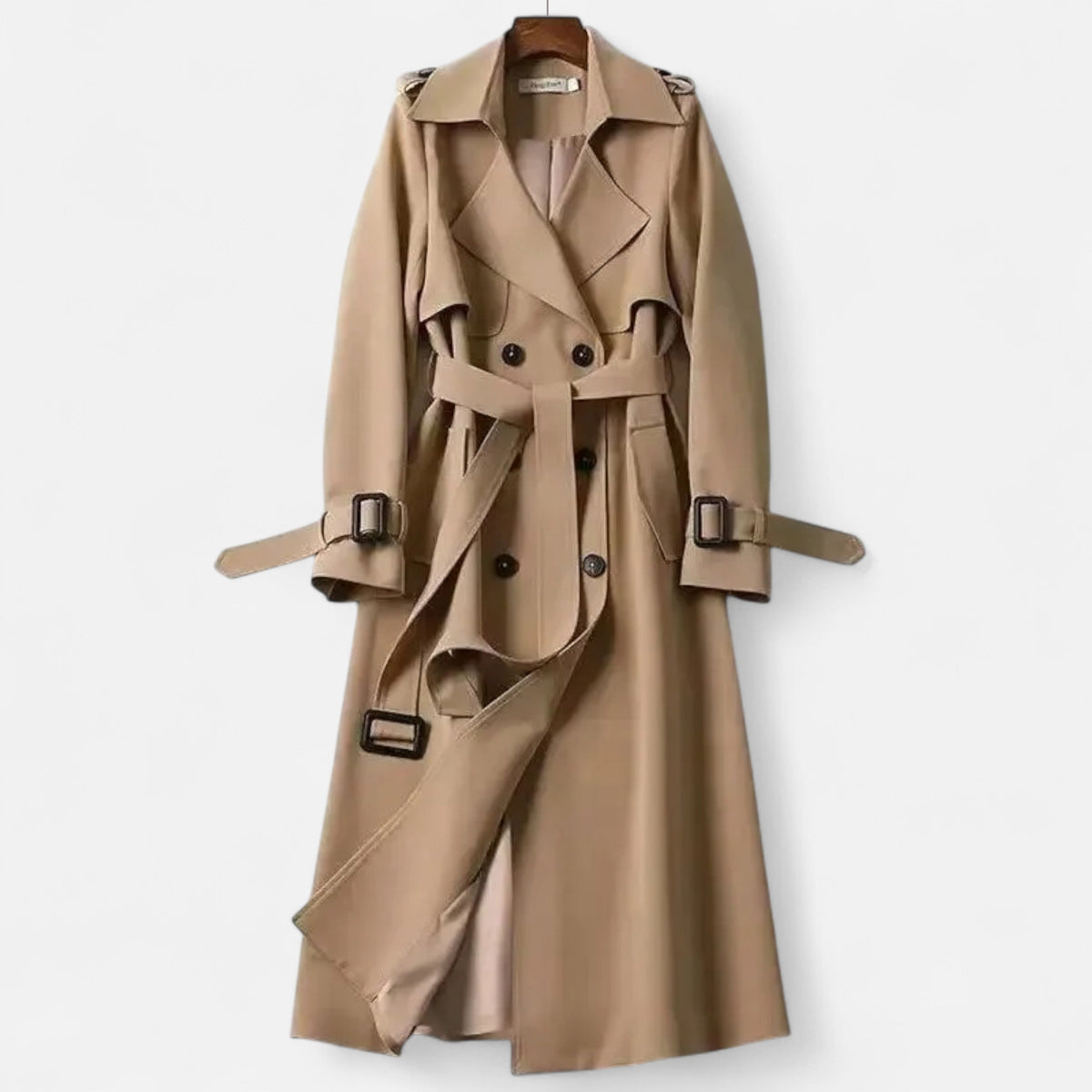 Lang Trenchcoat til Kvinder med Bælte og Dobbelt Knaplukning