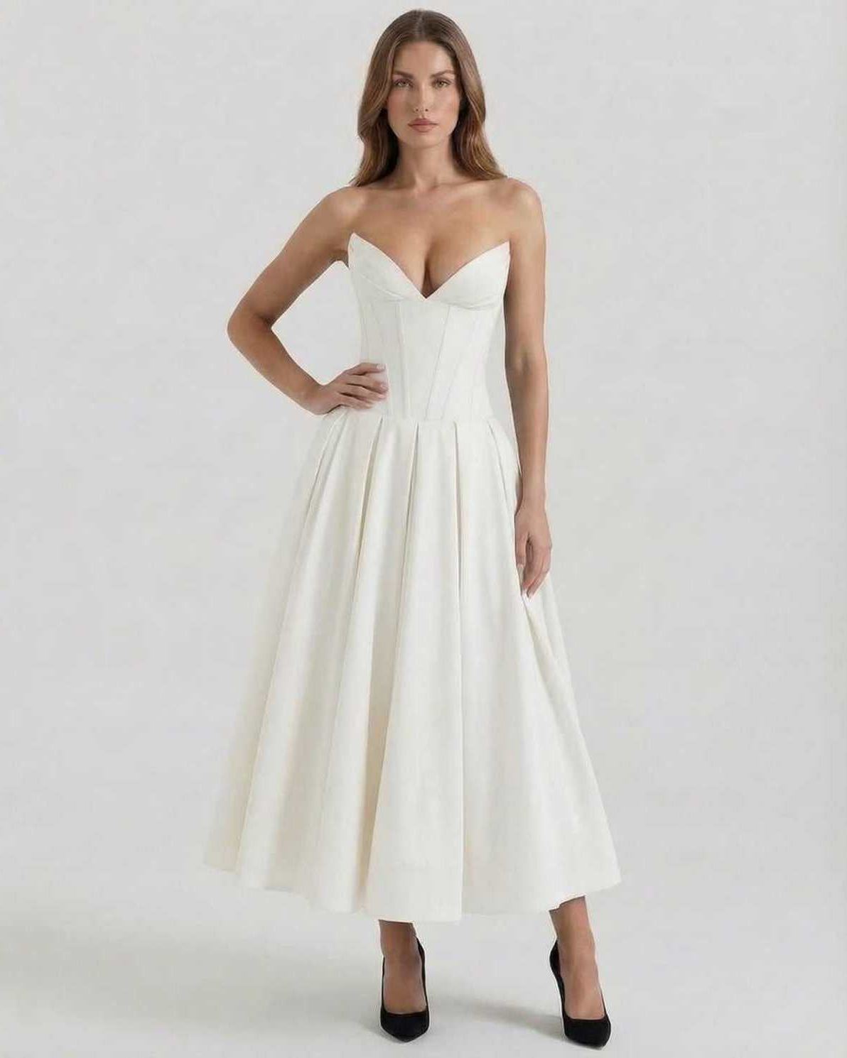 Luna Midi Dress by Lauven, elegant strapless white A-line dress for formal events and special occasions.
