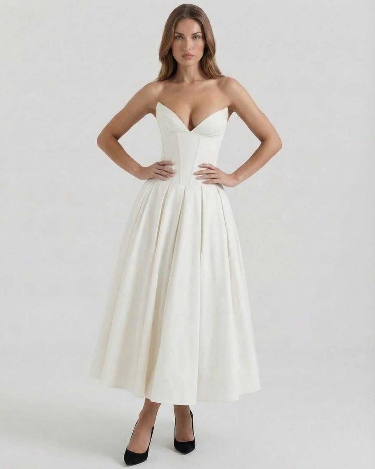 Luna Midi Dress by Lauven, elegant strapless A-line ankle-length dress in white, perfect for formal events.