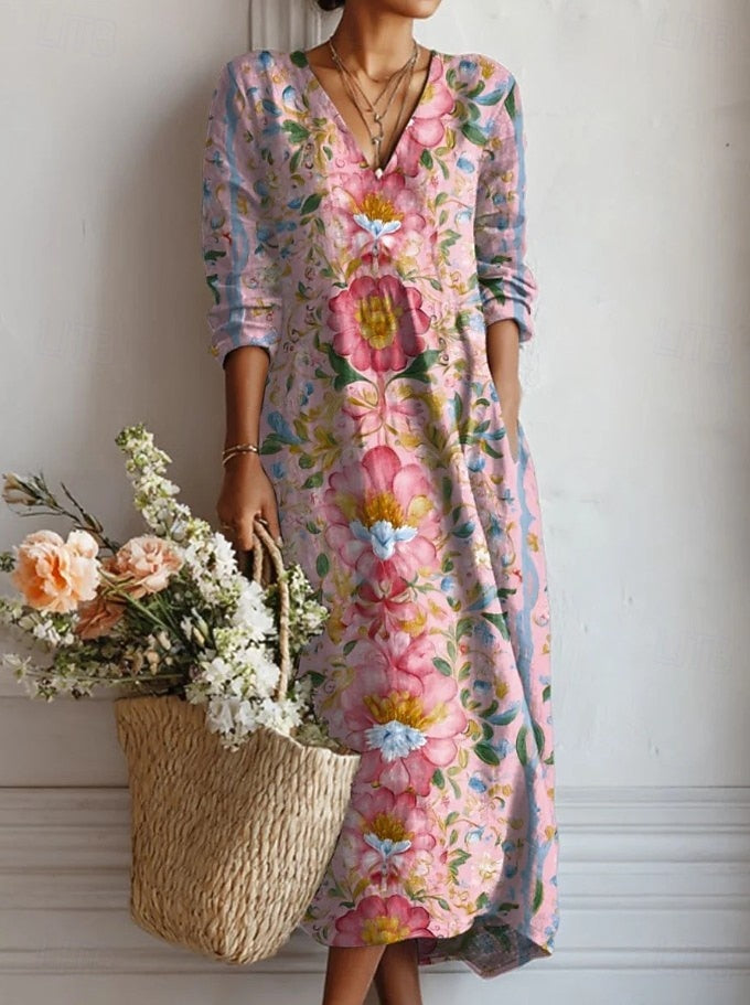 Boho Midi Kjole i Hørlook med Print til Dame