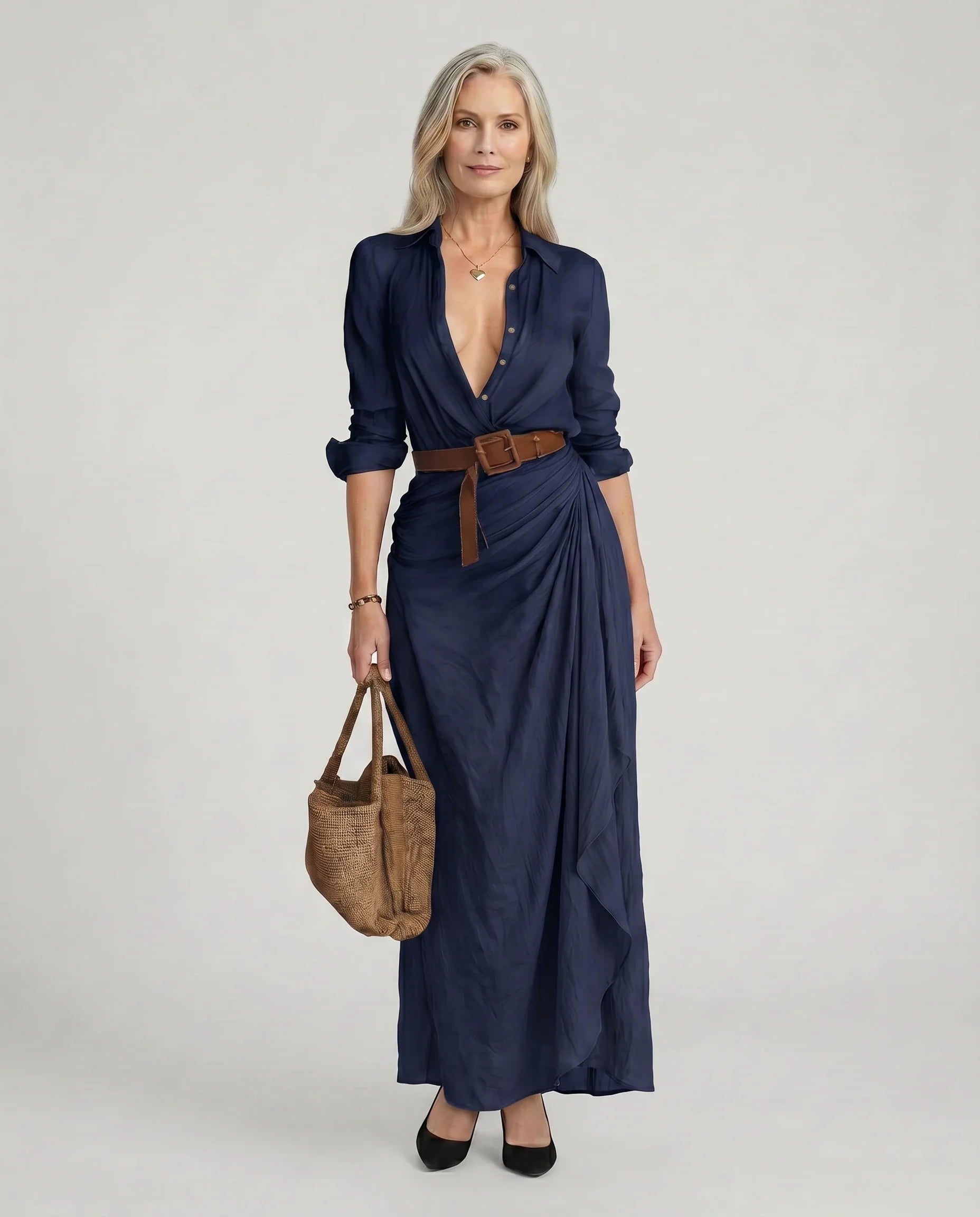 Langærmet Skjortekjole i Maxi Længde til Damer