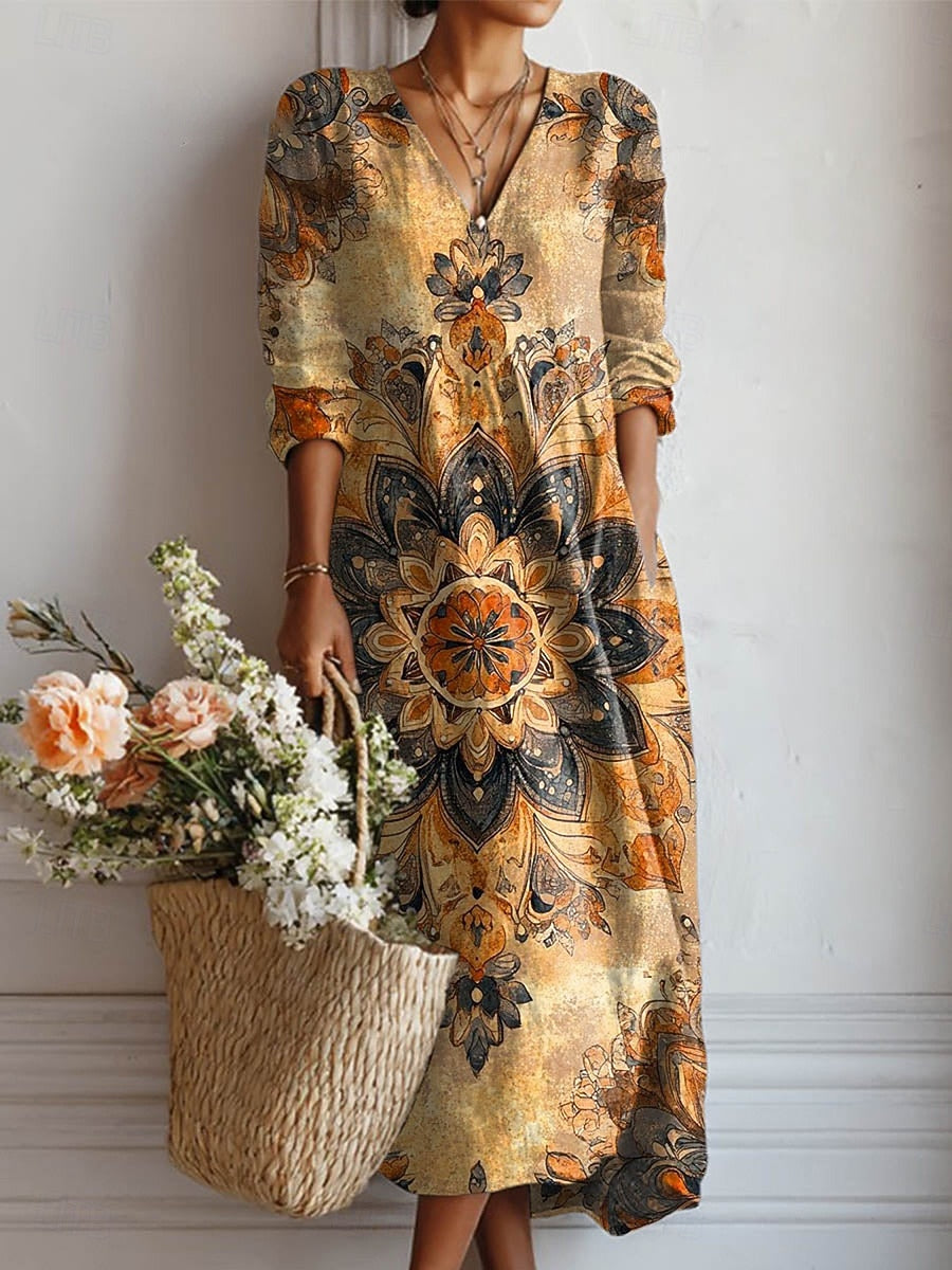 Boho Midi Kjole i Hørlook med Print til Dame