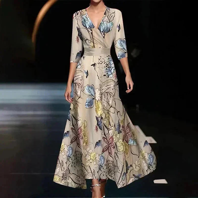 Robe longue femme en tissu léger, col V, imprimé floral avec ceinture, couleur Champagne, idéale pour les occasions…