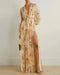 Vestido largo beige estampado con escote en V y abertura