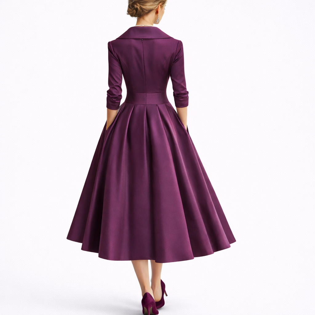 Elegant Midi Kjole til Kvinder – Vintage A-Line Kjole med V-Hals, 3/4 Ærmer og Taljebælte