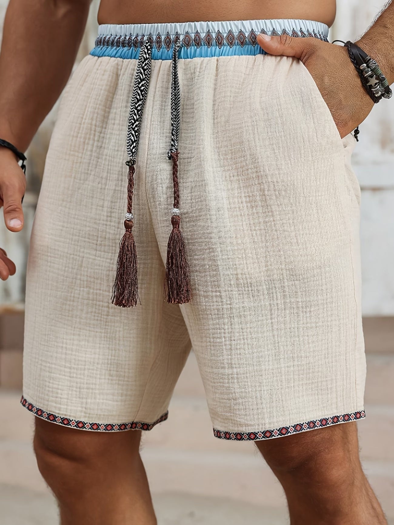 Calções Texturizados para Homem com Cordão e Borlas