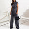 Elegante completo due pezzi monocolore da donna con top senza maniche e pantaloni a gamba larga