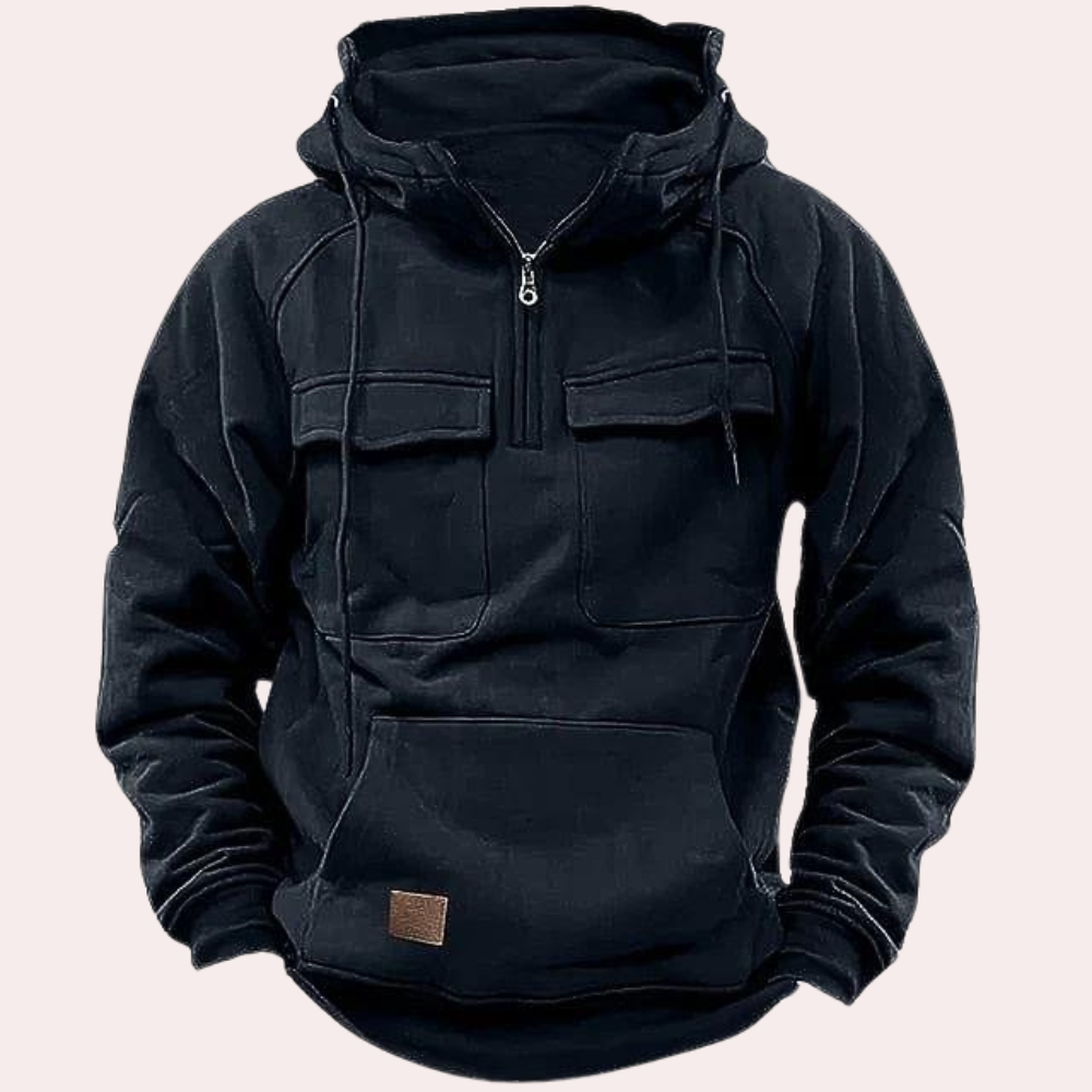 Bellivaro | Herre Taktisk Vinter Hoodie med Flere Lommer | Halv Lynlås og Snøre Pullover til Udendørsbrug