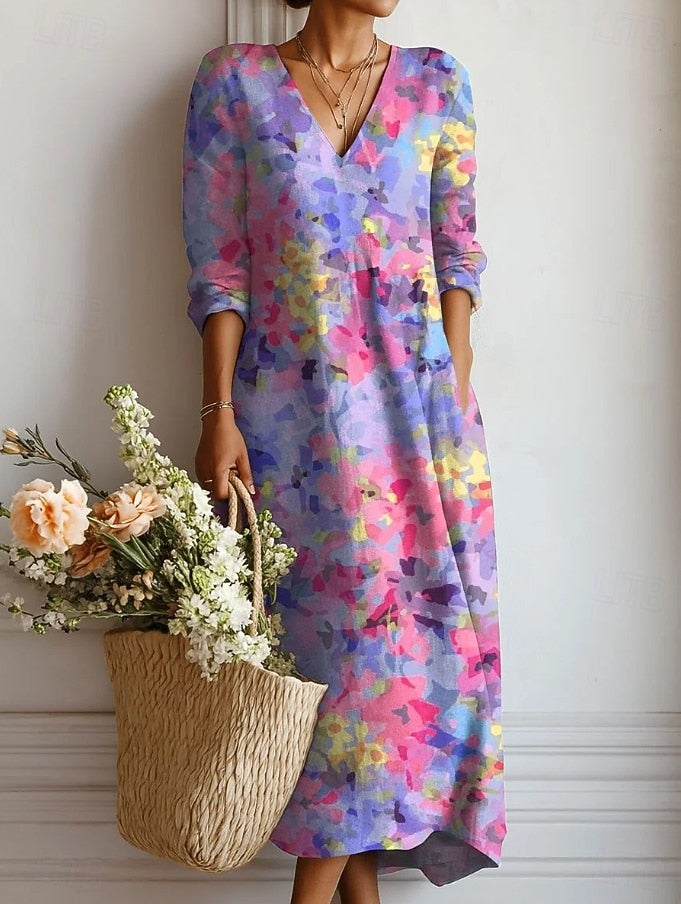 Boho Midi Kjole i Hørlook med Print til Dame