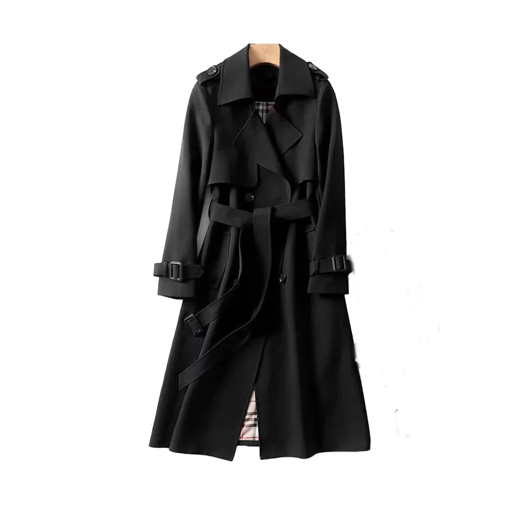 Trench-coat long beige femme, ceinturé, avec revers en mélange de coton doux et résistant.