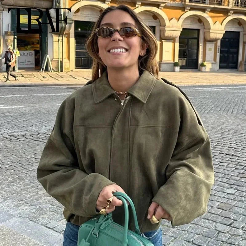 Veste courte oversize effet suédine pour femme