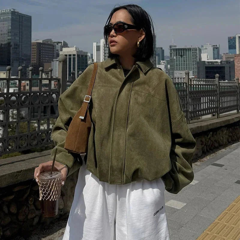 Veste courte oversize effet suédine pour femme