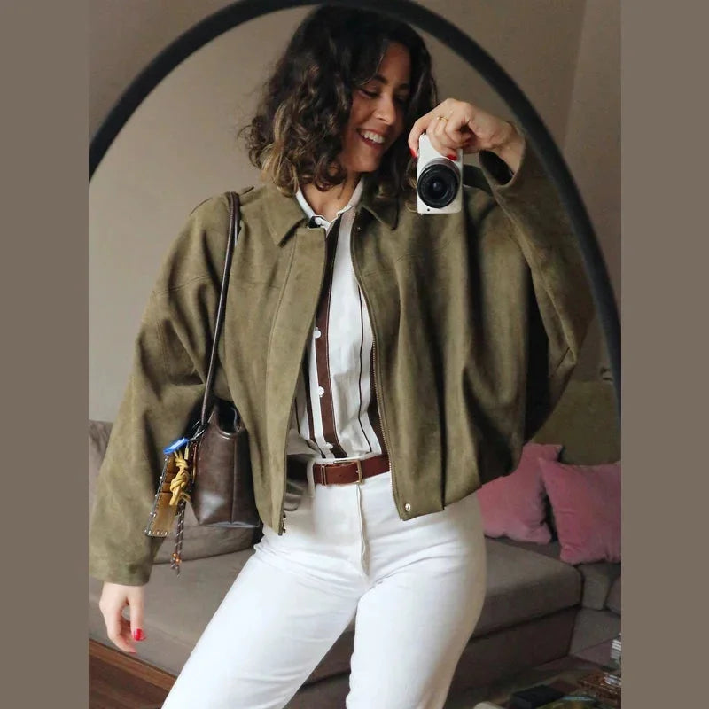 Veste courte oversize effet suédine pour femme