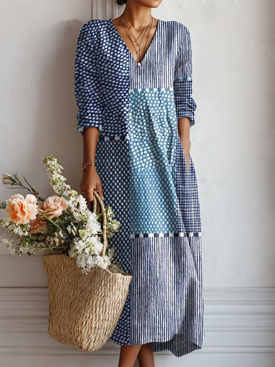 Boho Midi Kjole i Hørlook med Print til Dame