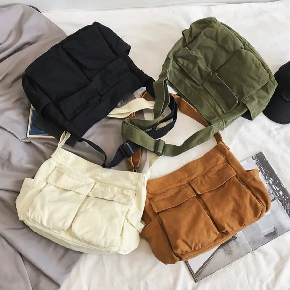 Dames Canvas Crossbody Taske med Flere Lommer